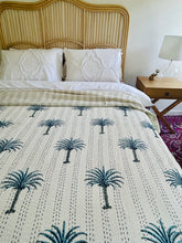 Load image into Gallery viewer, Sea Blue Palm Kantha Quilt  | Queen ~ King