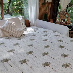 Imperial Green Palm Kantha Quilt  | Queen ~ King