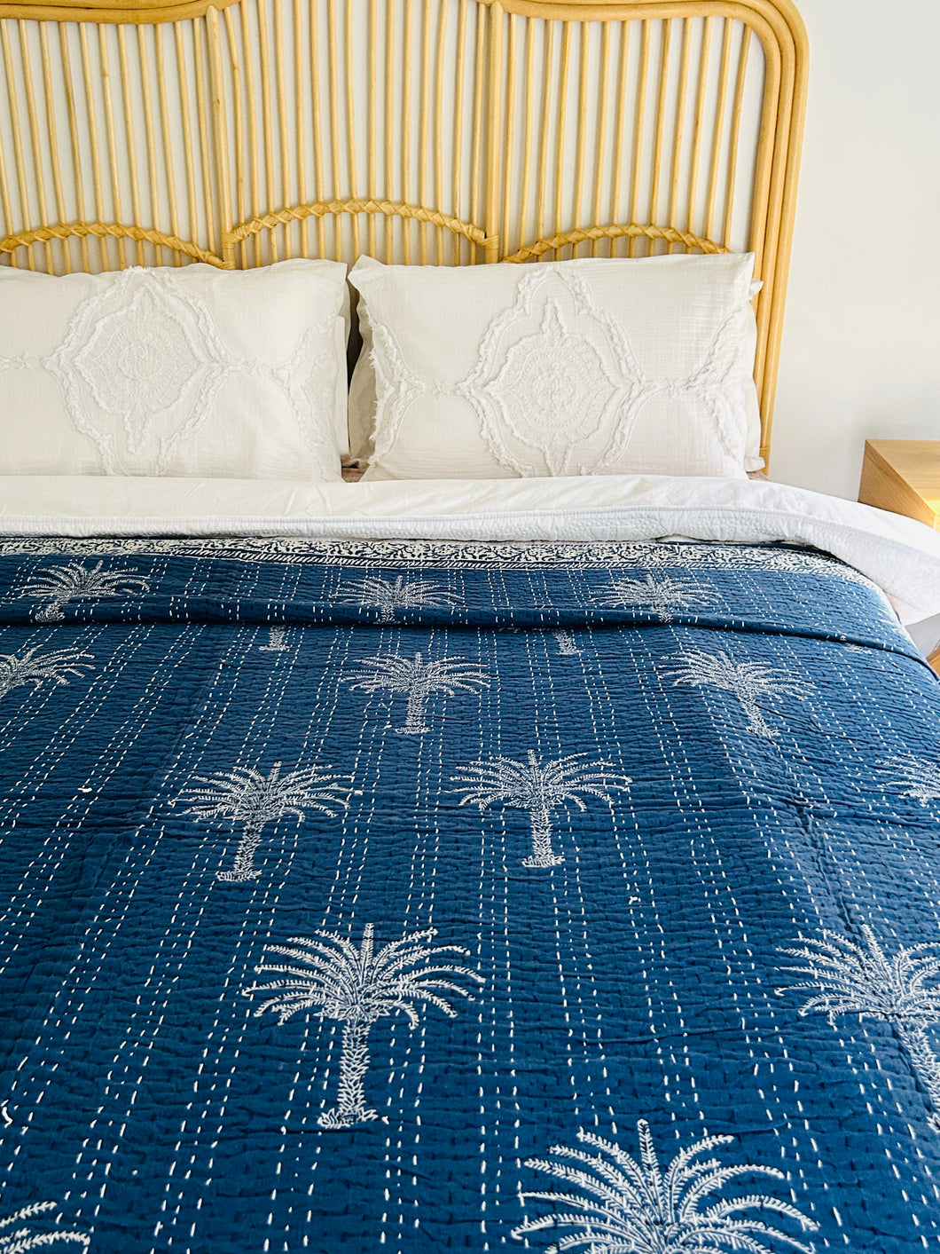 Indigo California Palm Kantha Quilt ~ Queen | King