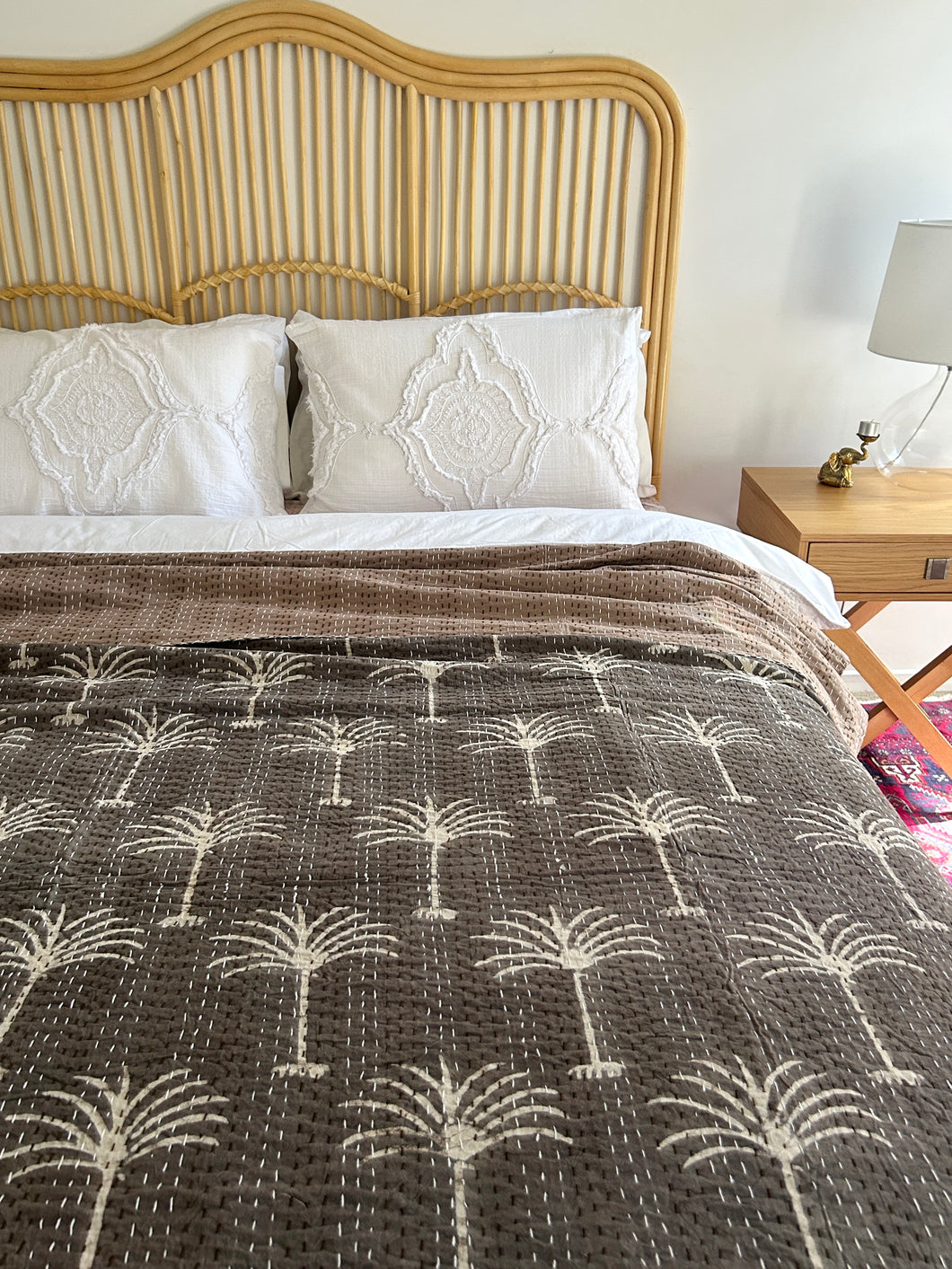 Cinnamon & Cream Palm Kantha Quilt ~ Queen | King