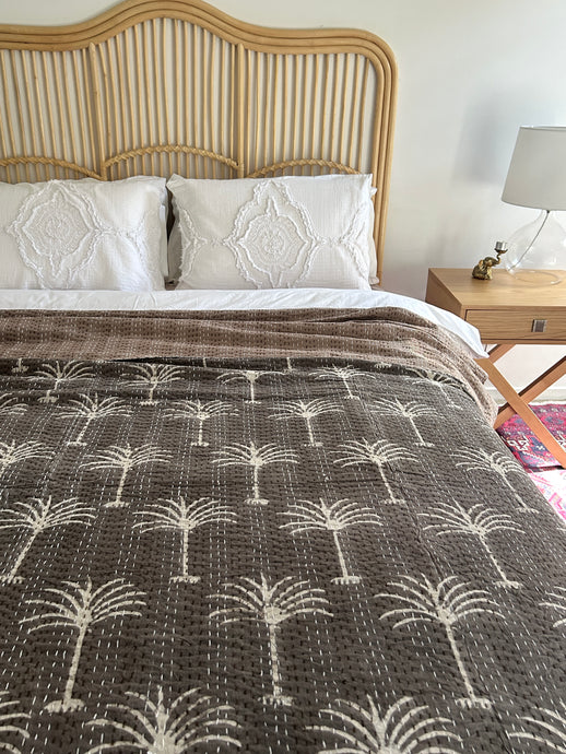 Cinnamon & Cream Palm Kantha Quilt ~ Queen | King