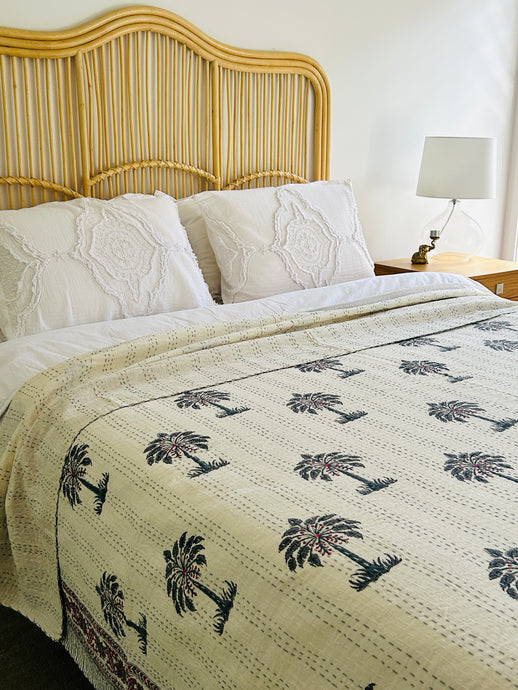 Grey Palm Kantha Quilt  | Queen ~ King