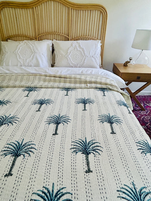 Sea Blue Palm Kantha Quilt  | Queen ~ King