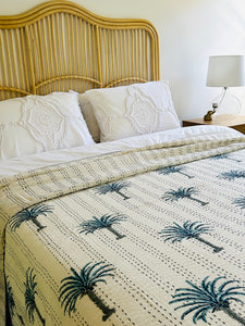 Sea Blue Palm Kantha Quilt  | Queen ~ King