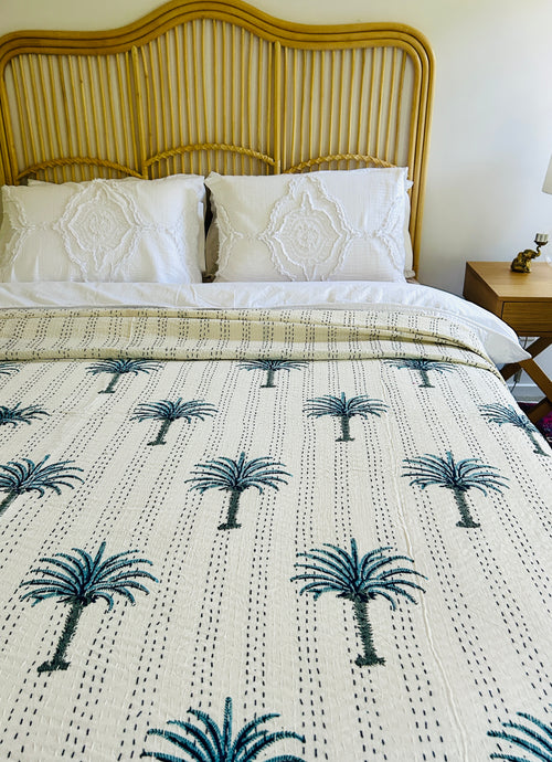 Sea Blue Palm Kantha Quilt  | Queen ~ King