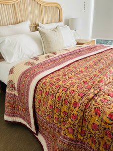 Mughal Mustard Print Cotton Filled Quilt  ~ Queen | King