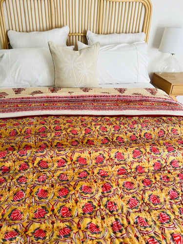 Mughal Mustard Print Cotton Filled Quilt  ~ Queen | King