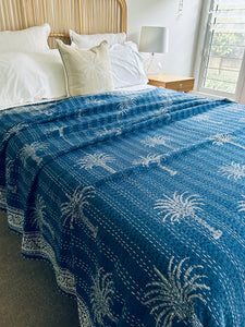 Indigo California Palm Kantha Quilt ~ Queen | King