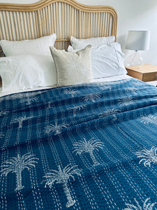 Indigo California Palm Kantha Quilt ~ Queen | King