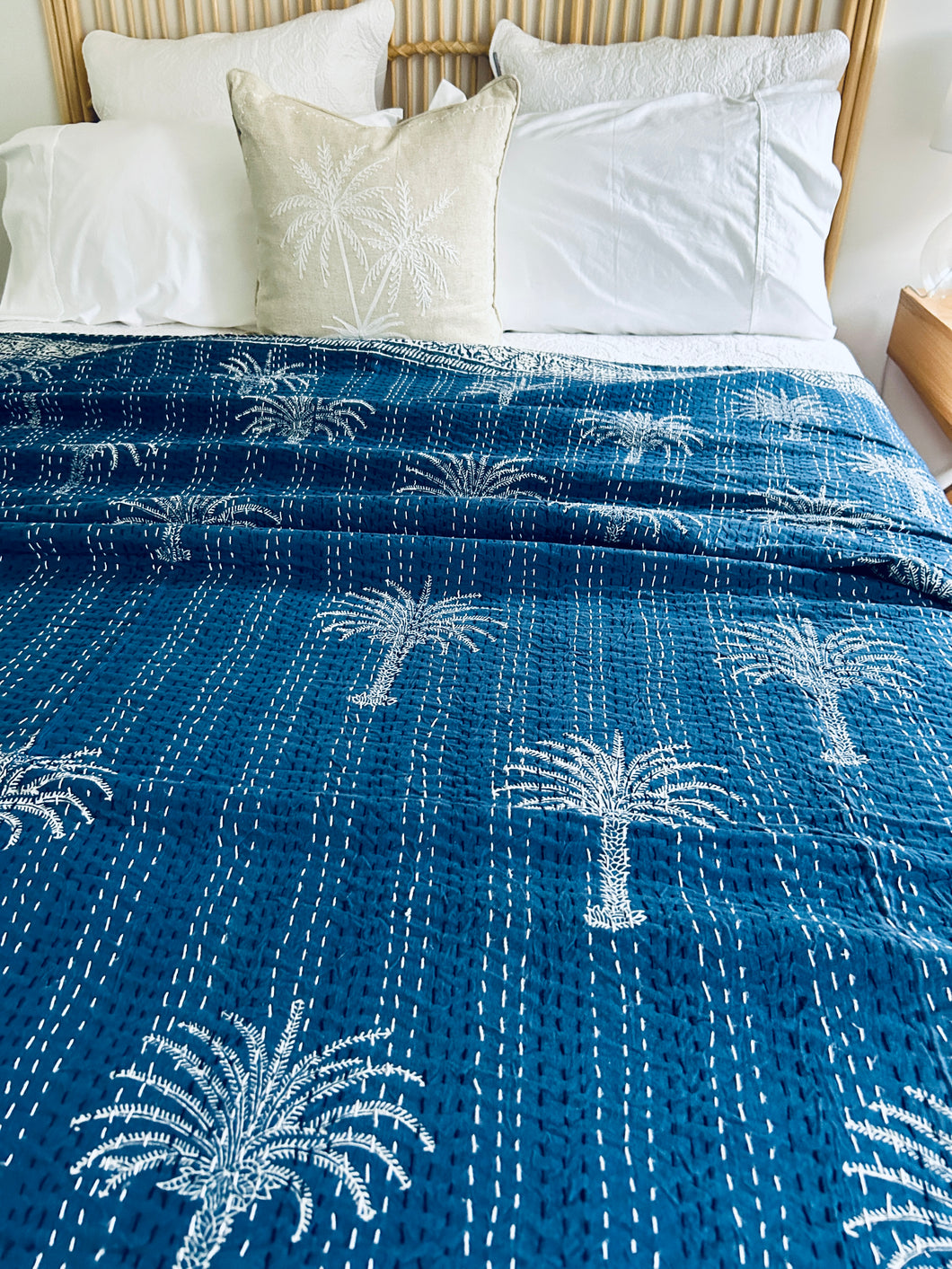 Indigo California Palm Kantha Quilt ~ Queen | King