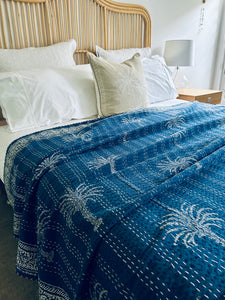 Indigo California Palm Kantha Quilt ~ Queen | King