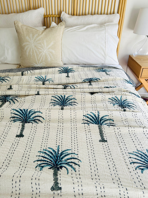 Sea Blue Palm Kantha Quilt  | Queen ~ King