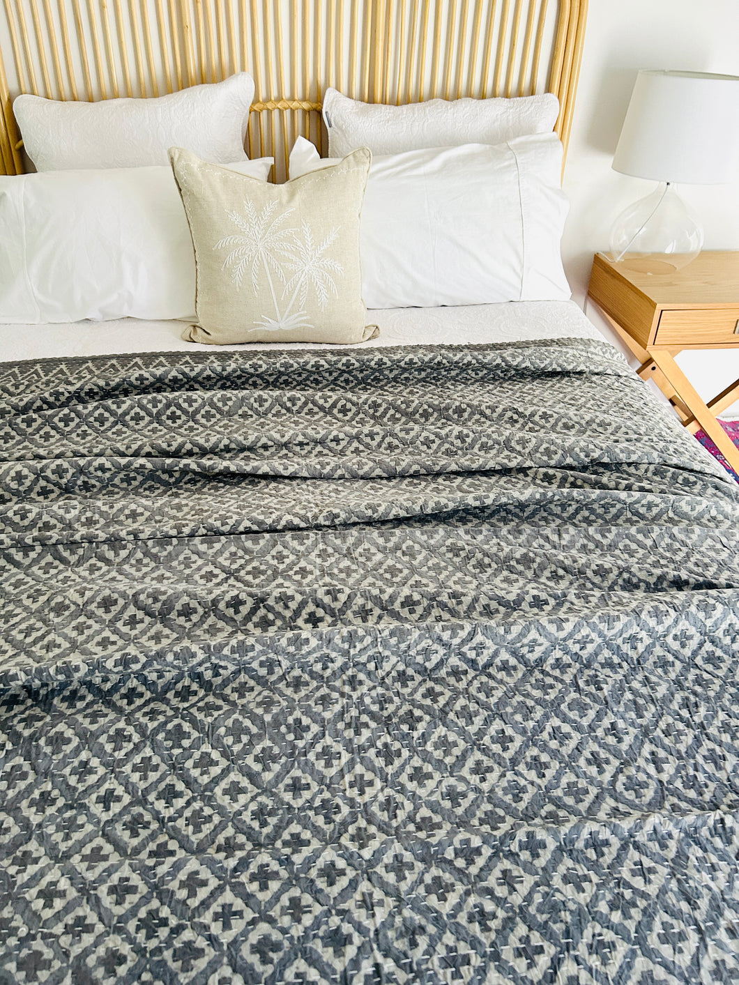 Grey & Cream Tribal Kantha Quilt ~ Queen | King