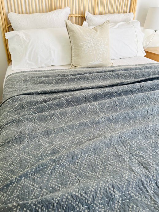 Grey & Cream Diamond Kantha Quilt ~ Queen | King