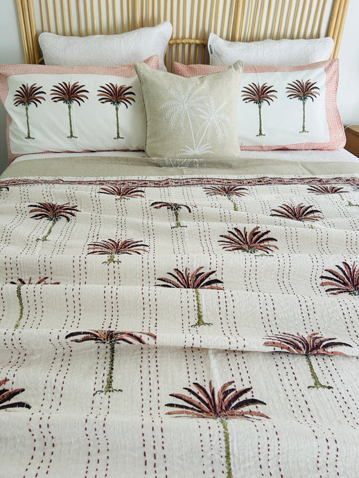 Imperial Earth Pink Palm Kantha Quilt | King ~ Single