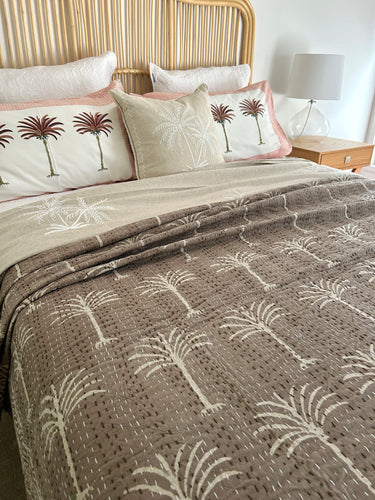 Cinnamon & Cream Palm Kantha Quilt ~ Queen | King