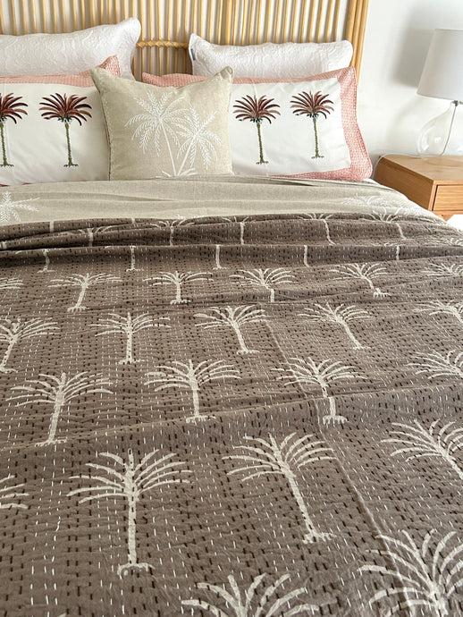 Cinnamon & Cream Palm Kantha Quilt ~ Queen | King