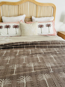 Cinnamon & Cream Palm Kantha Quilt ~ Queen | King