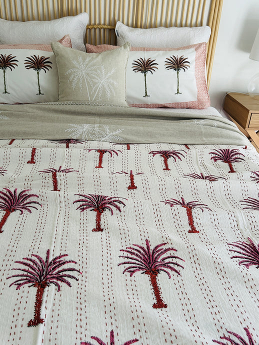 Lush Pink Palm Kantha Quilt  | Queen ~ King