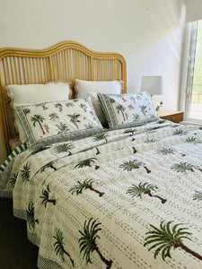 Imperial  Olive Green Palm Kantha Quilt  | Queen ~ King