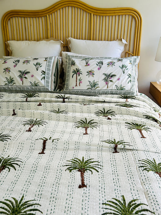 Imperial  Olive Green Palm Kantha Quilt  | Queen ~ King