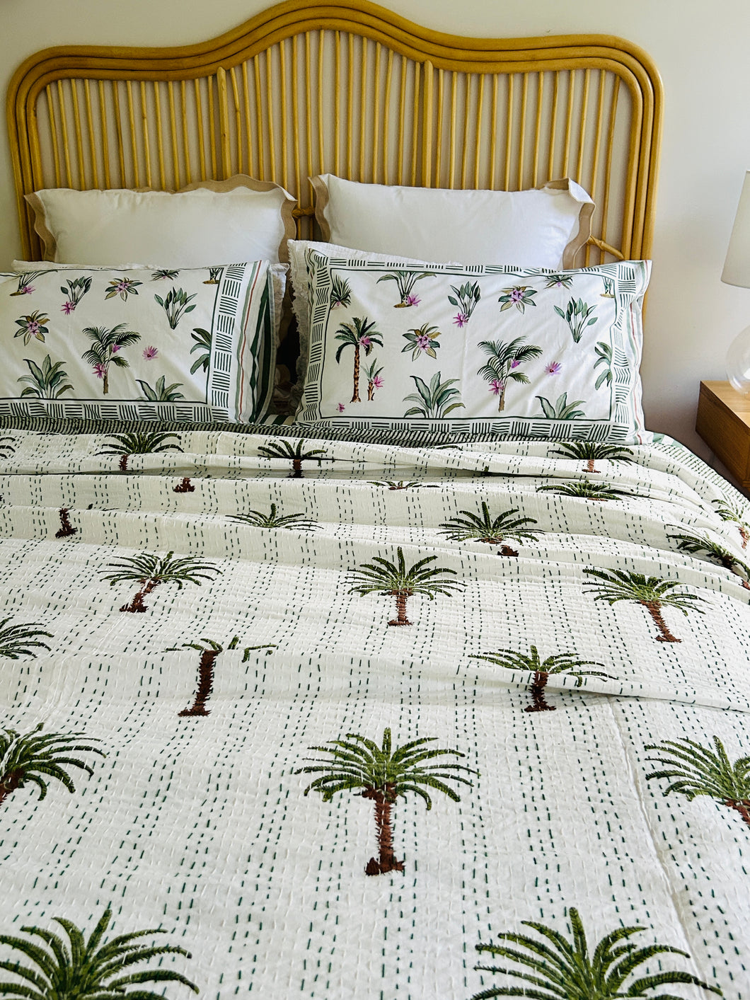 Imperial  Olive Green Palm Kantha Quilt  | Queen ~ King