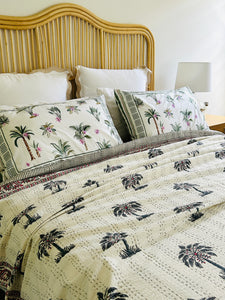 Grey Palm Kantha Quilt  | Queen ~ King