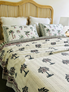 Grey Palm Kantha Quilt  | Queen ~ King