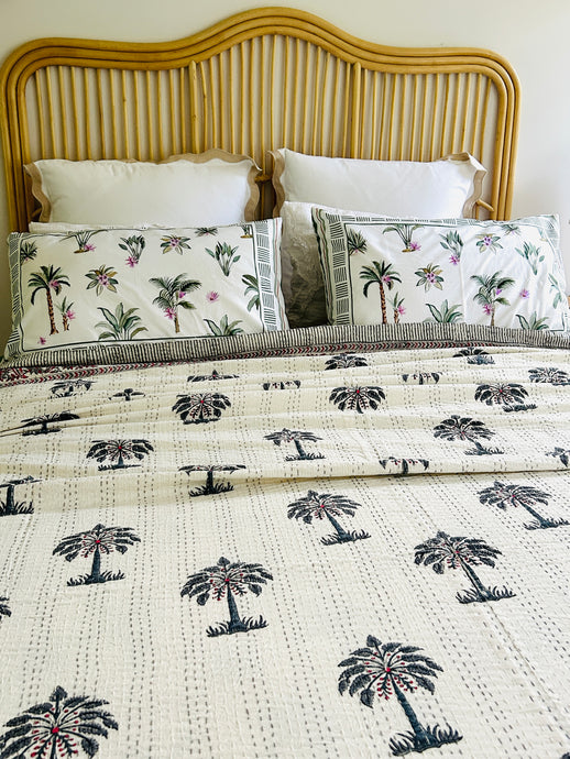 Grey Palm Kantha Quilt  | Queen ~ King