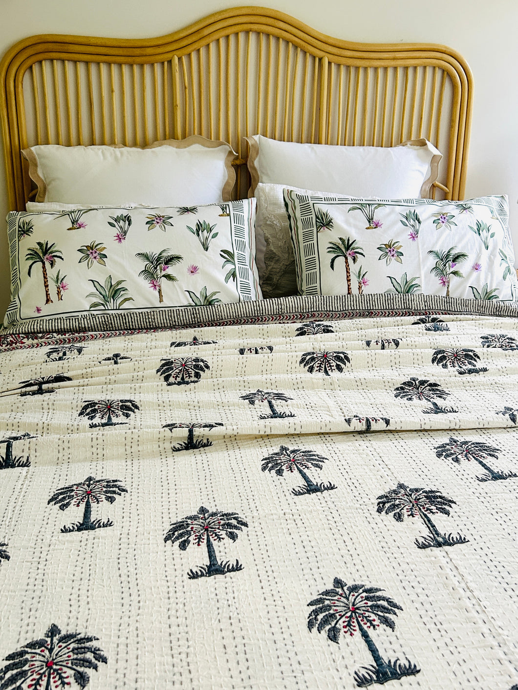 Grey Palm Kantha Quilt  | Queen ~ King