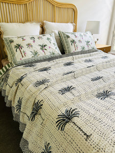 Imperial Dark Blue Palm Kantha Quilt  | Queen ~ King