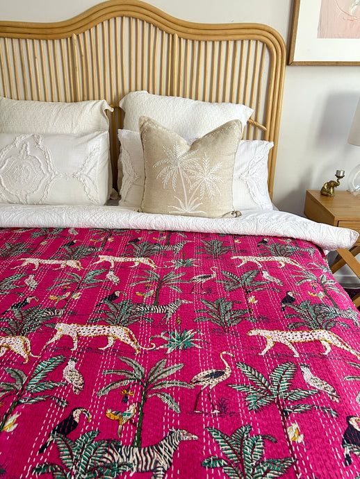 Deep Pink Jungle Kantha Quilt ~ Queen | King