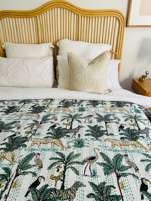 White Jungle Kantha Quilt ~ Queen | King