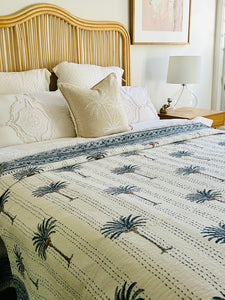 Imperial Blue Palm Kantha Quilt | Super King