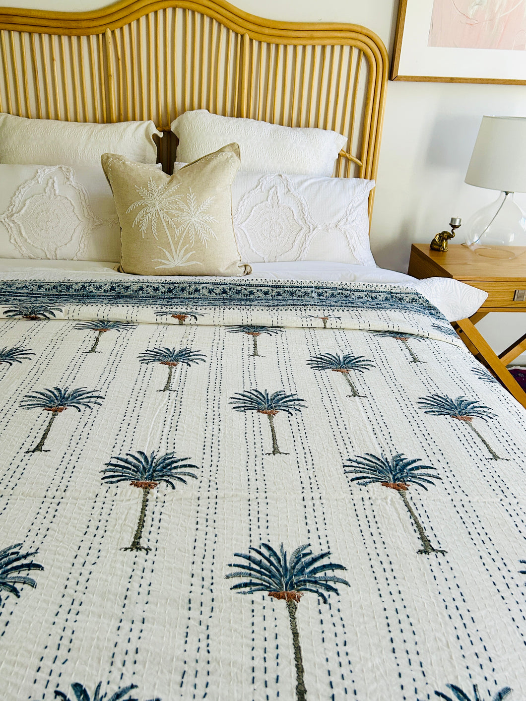 Imperial Blue Palm Kantha Quilt | Super King