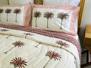 Earth Pink Palm  Cotton Filled Quilt  ~ Queen | King  & King