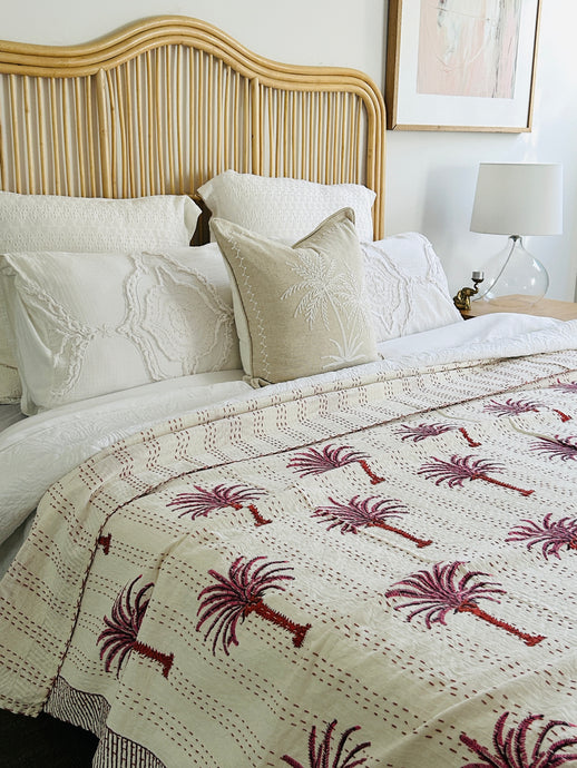 Lush Pink Palm Kantha Quilt  | Queen ~ King