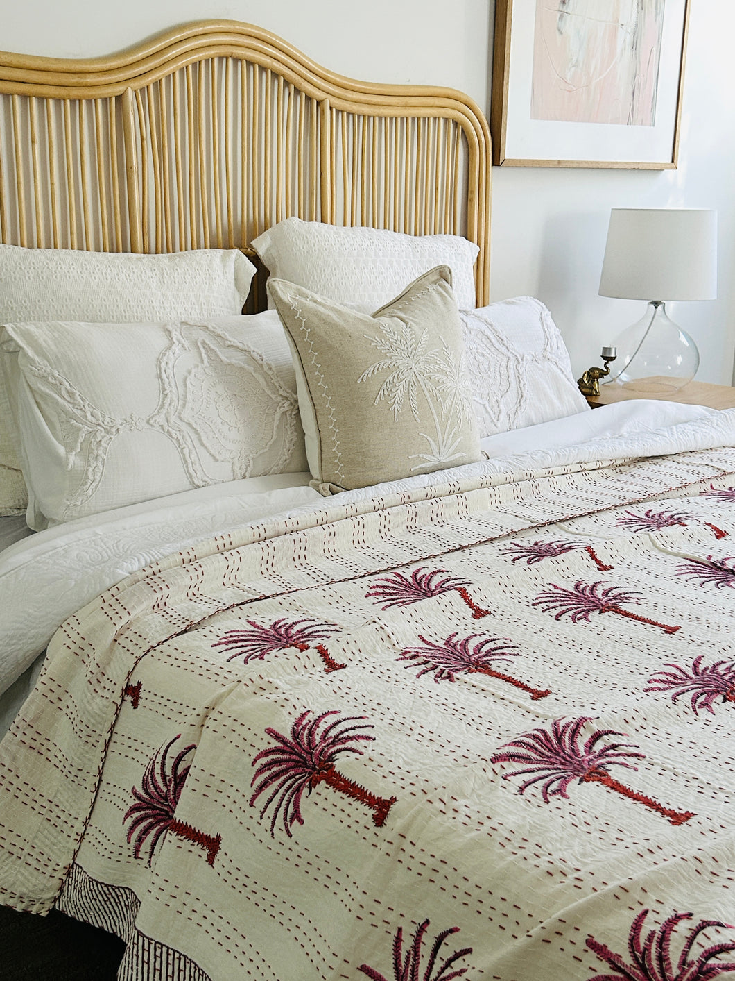 Lush Pink Palm Kantha Quilt  | Queen ~ King