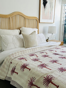 Lush Pink Palm Kantha Quilt  | Queen ~ King