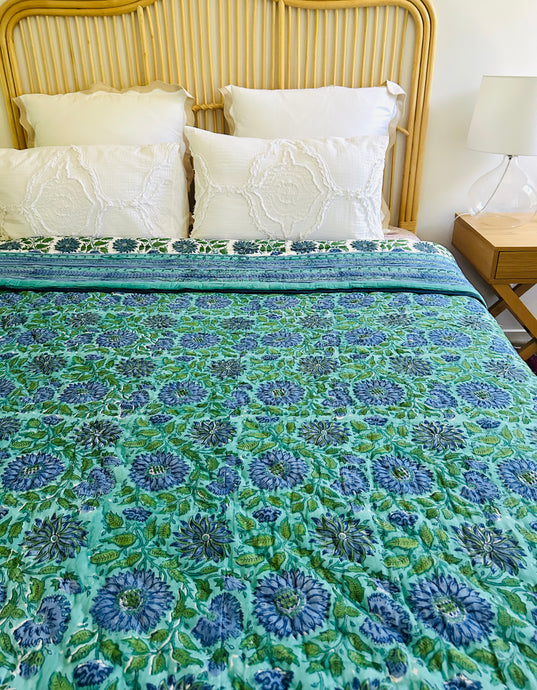 Aqua & Jade Floral Cotton Filled Quilt  ~ King