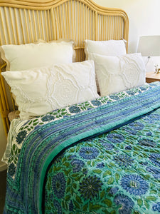 Aqua & Jade Floral Cotton Filled Quilt  ~ King