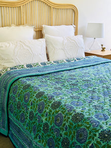 Aqua & Jade Floral Cotton Filled Quilt  ~ King