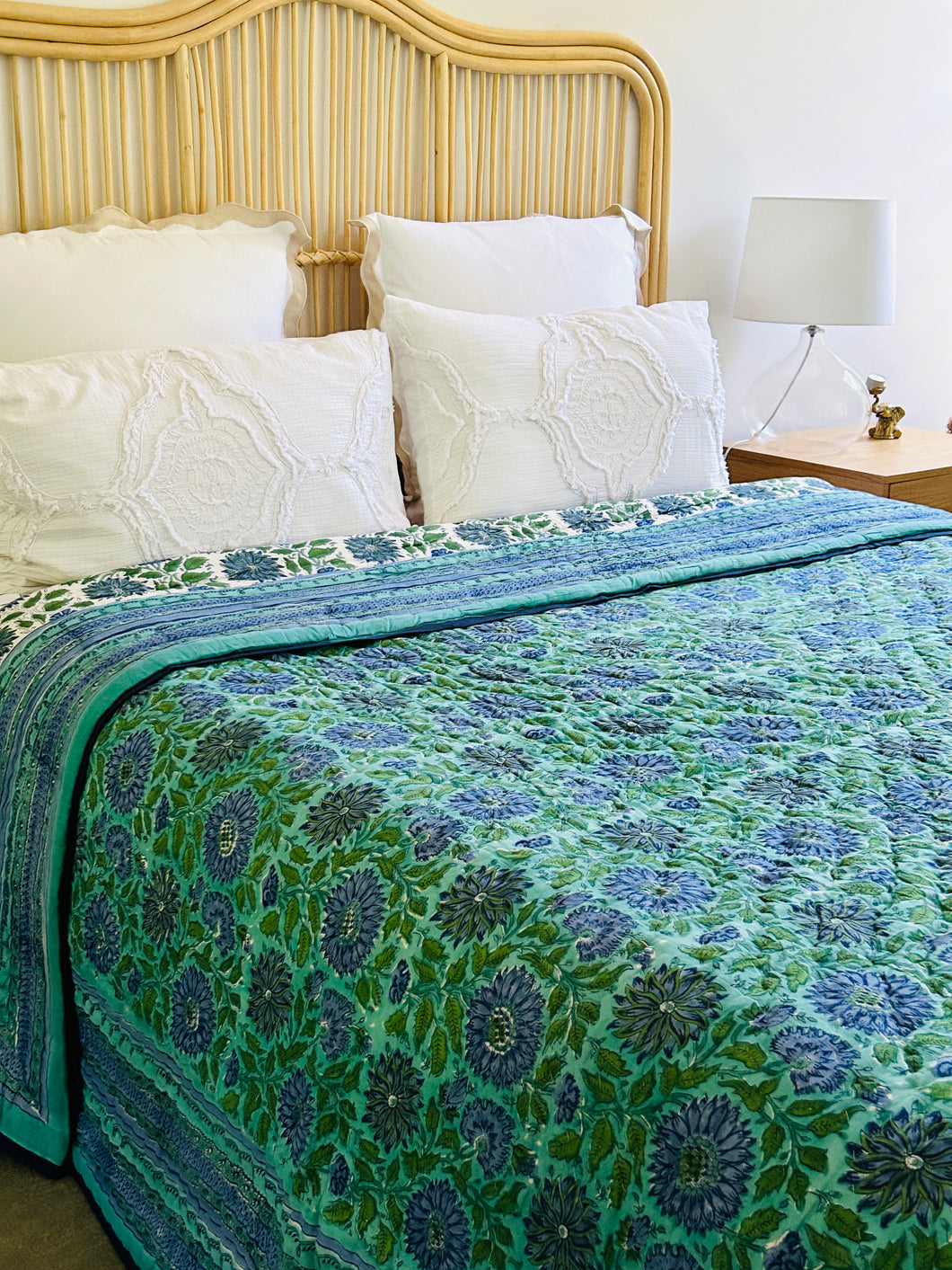 Aqua & Jade Floral Cotton Filled Quilt  ~ King