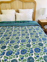 Load image into Gallery viewer, Aqua &amp; Jade Floral Cotton Filled Quilt  ~ King