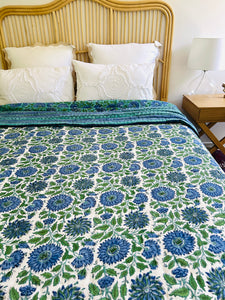 Aqua & Jade Floral Cotton Filled Quilt  ~ King