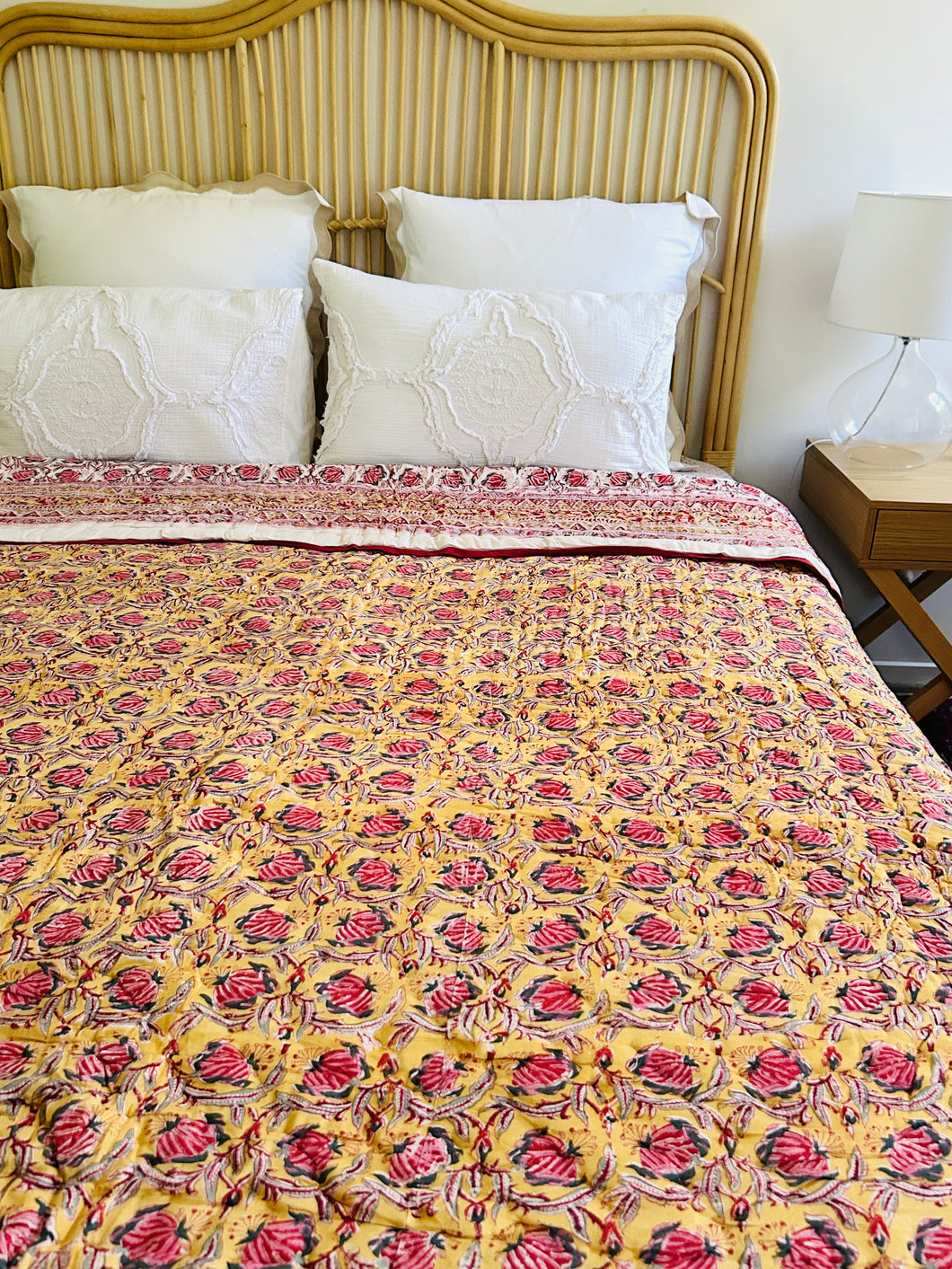 Mughal Mustard Print Cotton Filled Quilt  ~ King