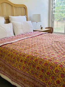 Mughal Mustard Print Cotton Filled Quilt  ~ King