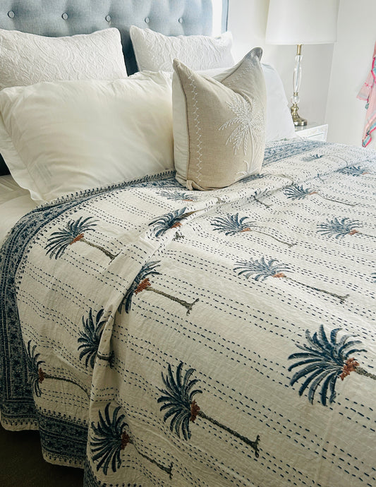 Imperial Blue Palm Kantha Quilt | Queen ~King