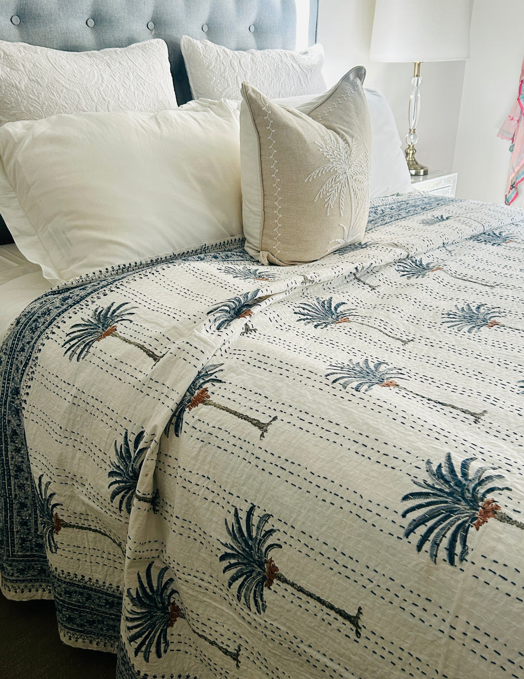 Imperial Blue Palm Kantha Quilt | Queen ~King