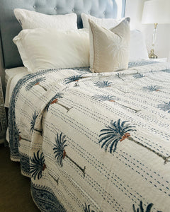 Imperial Blue Palm Kantha Quilt | Queen ~King